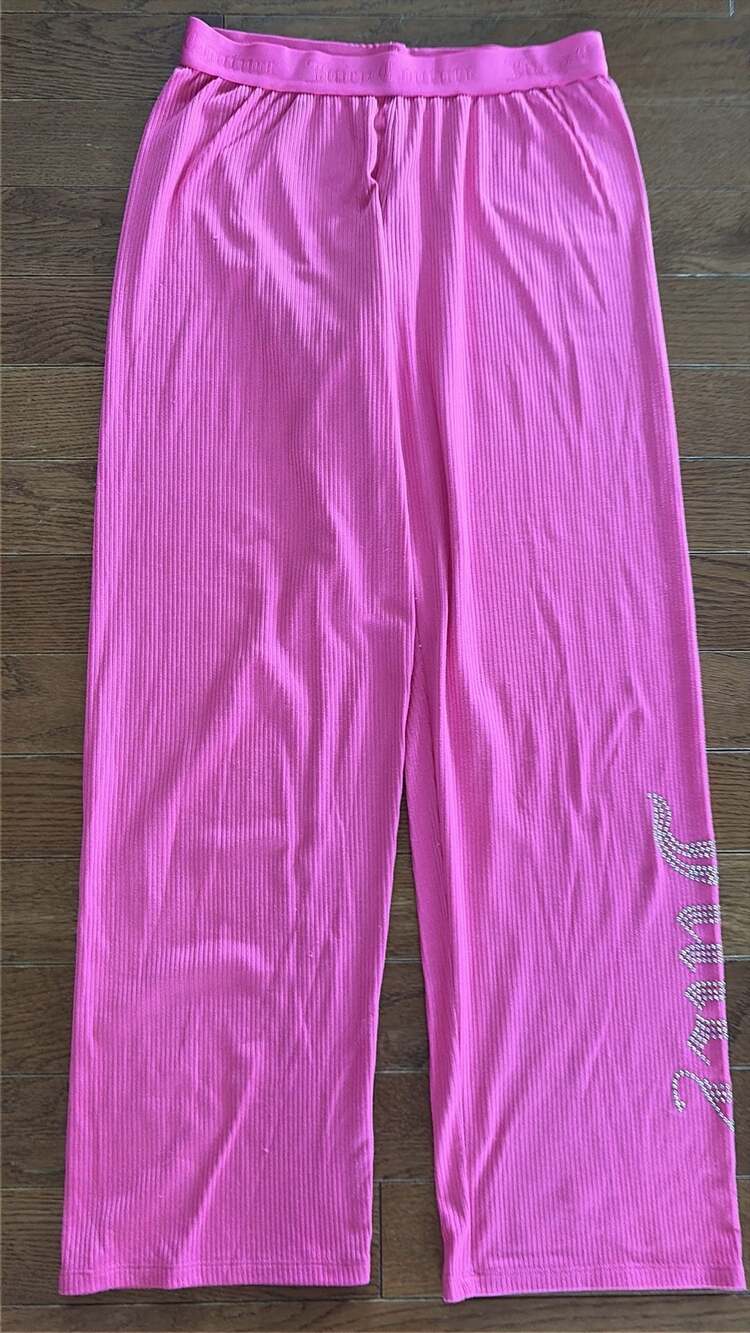 Juicy Couture Women's Pink Ribbed Sleepwear Lounge Pants with Rhinestone Logo